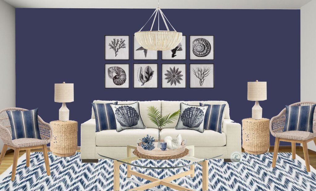 Modern Coastal Formal Living Room E-Design with Dark Navy Blue Walls and cream colored accents