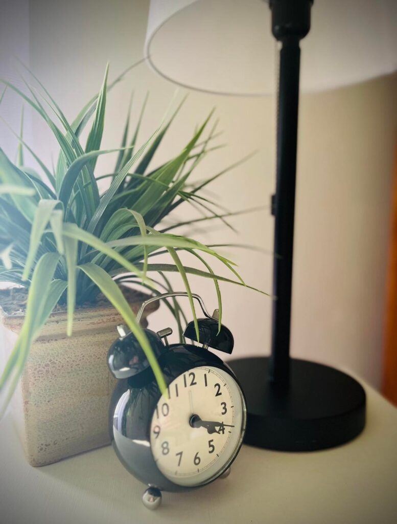 Bedside Table Vignette with small black alarm clock, small faux plant, and bedside modern lamp