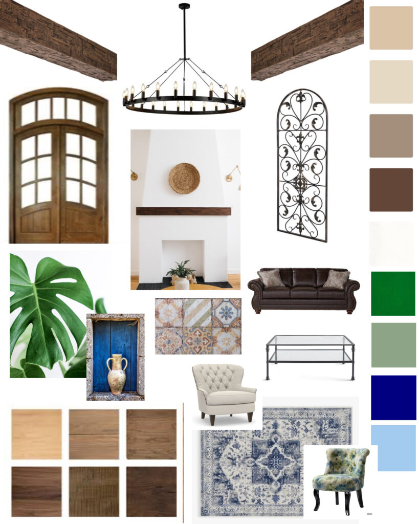 Mediterranean Interior E-Design Mood Board for living room. Features a tapered white fireplace, brown arched glass doors, wooden ceiling beams, and a blue, green, cream, and natural color scheme